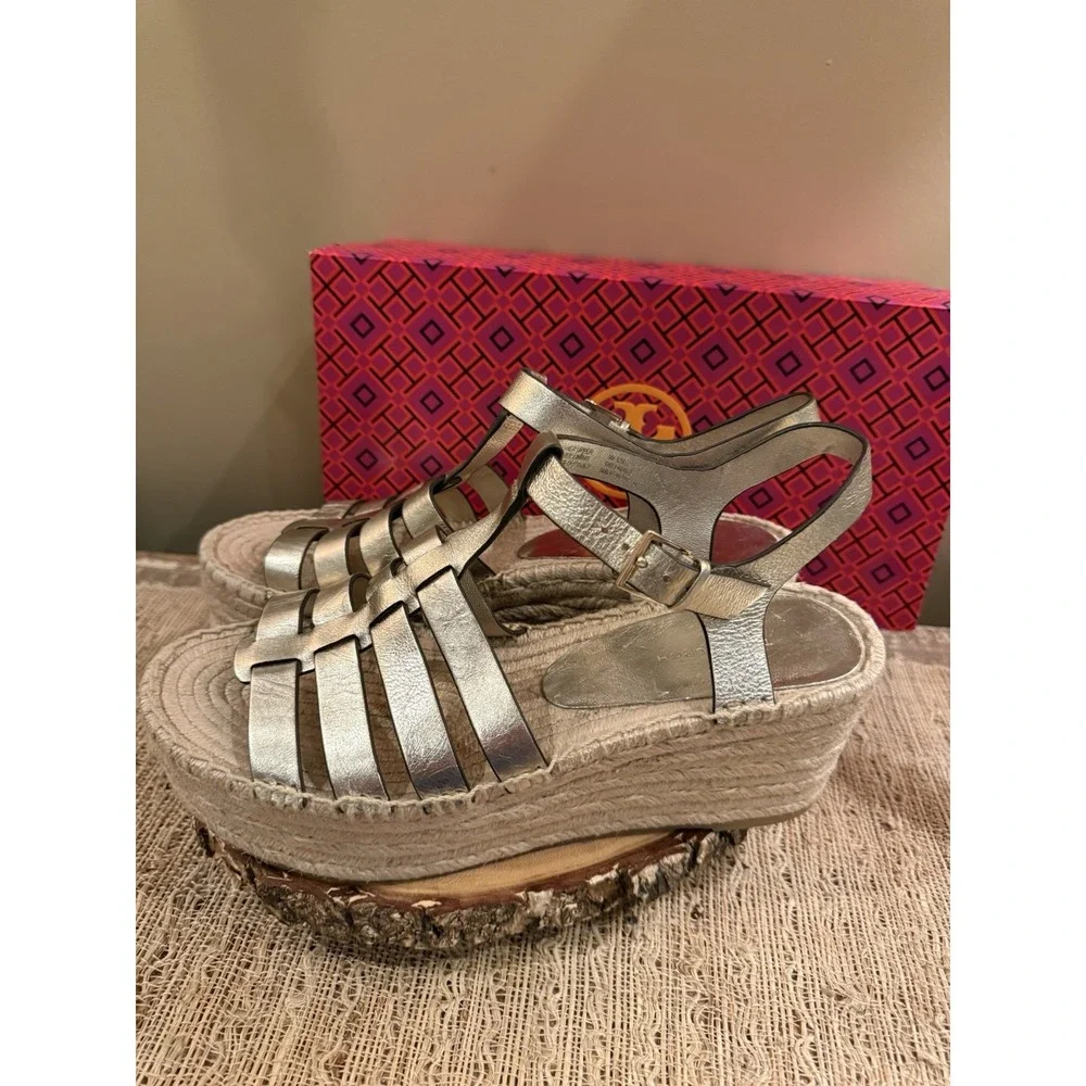 Tory Burch Fisherman Espadrille Platform Wedge Sandal in Spark Gold Sz-9 Boho
